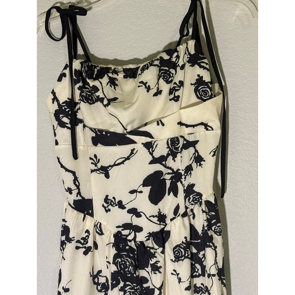 Black White Floral Tie Strap Midi Dress Cottagecore Romantic Dress A Line Medium - Picture 2 of 5